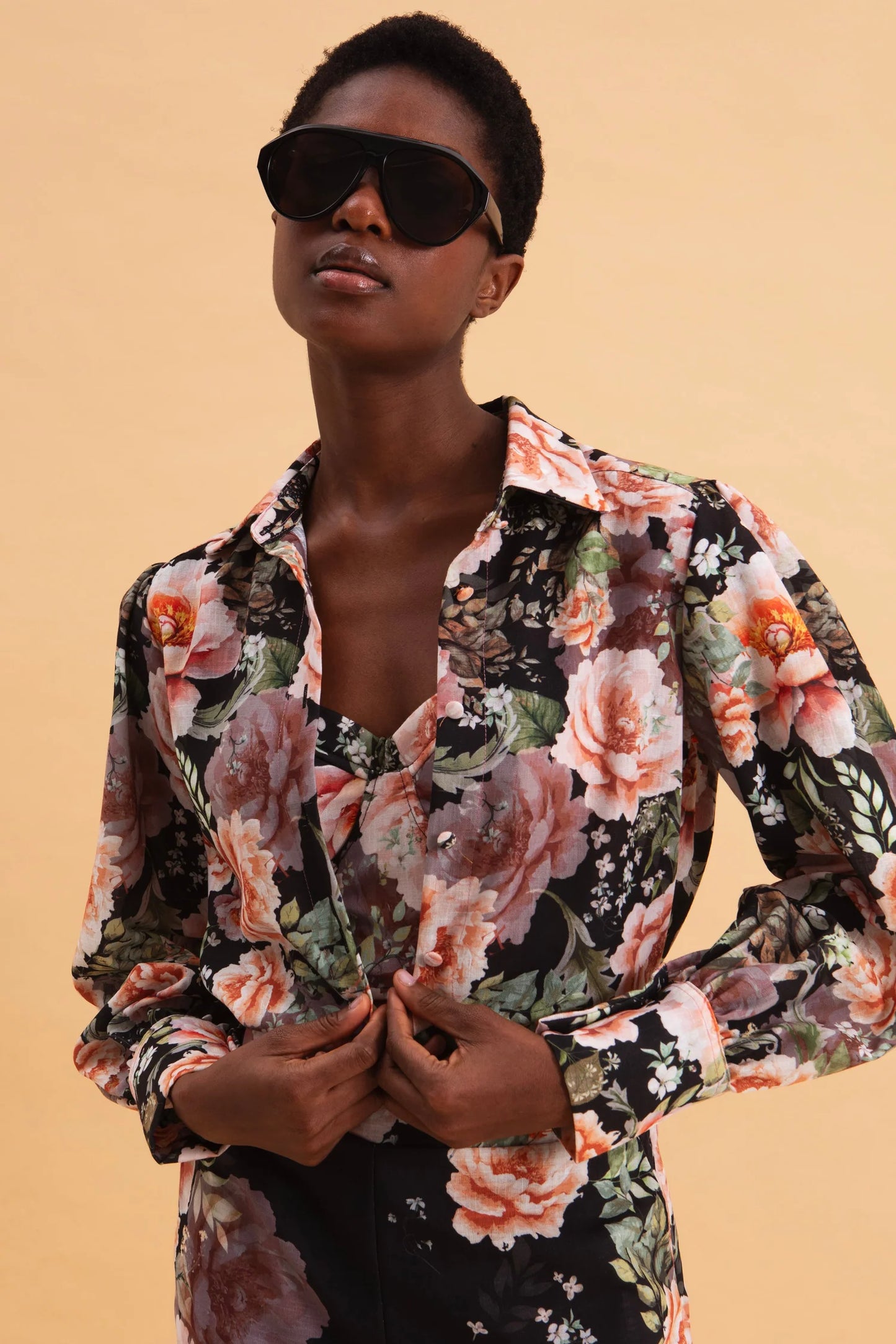 EVELEYA PEONIES LOVE LINEN SHIRT