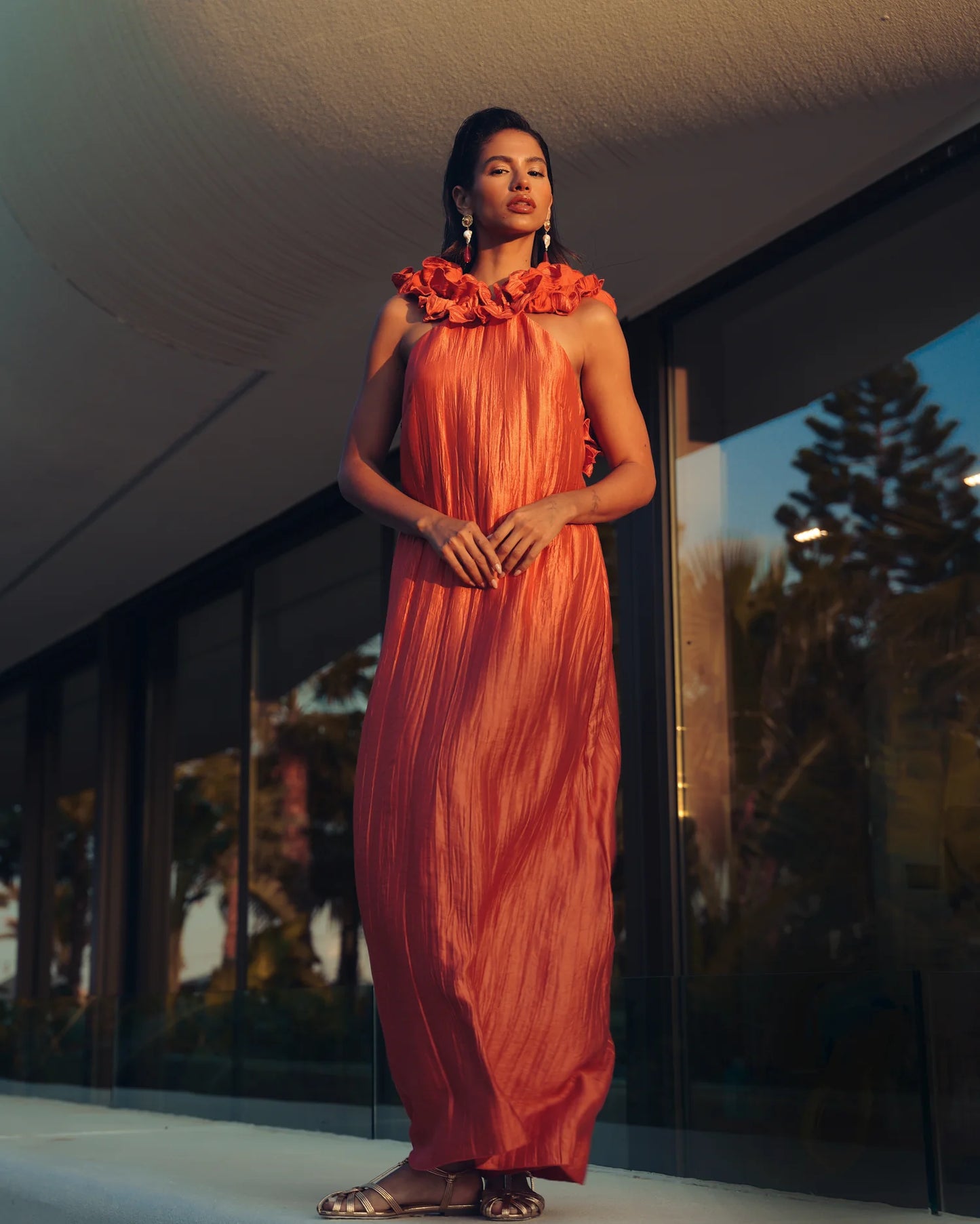 EVELEYA GOLDEN HOUR MAXI SHIMMERING PLEATED DRESS