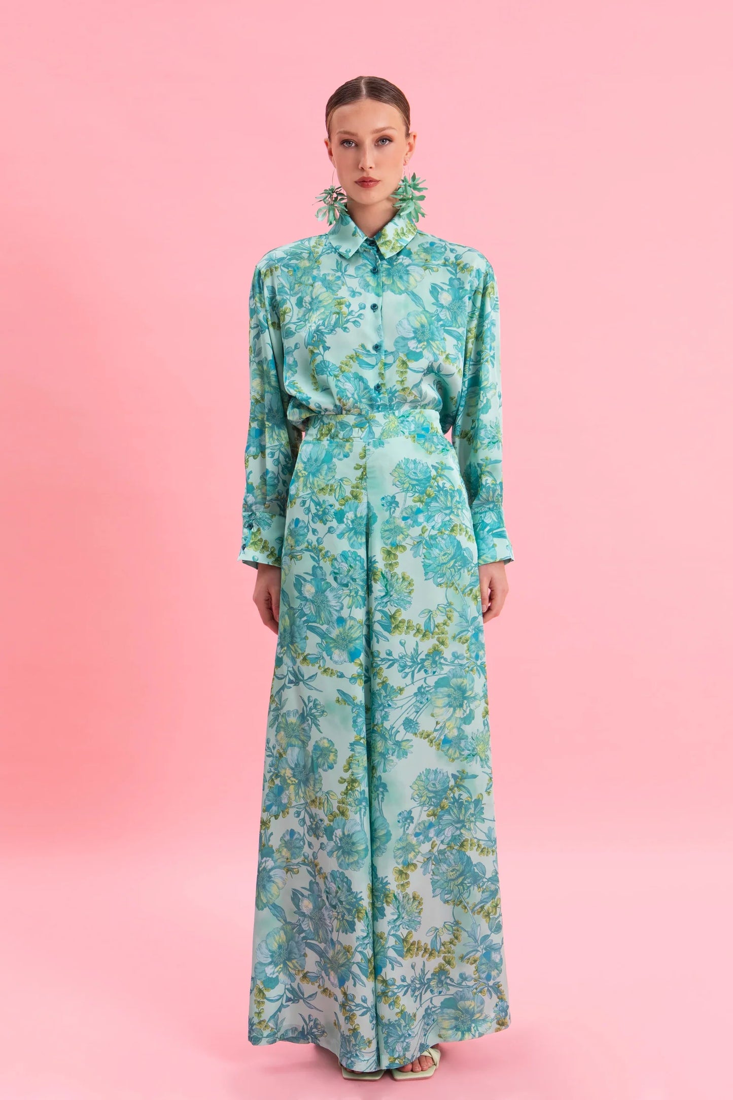 EVELEYA BOTANICAL BREEZE HIGH WAISTED SATIN PANTS