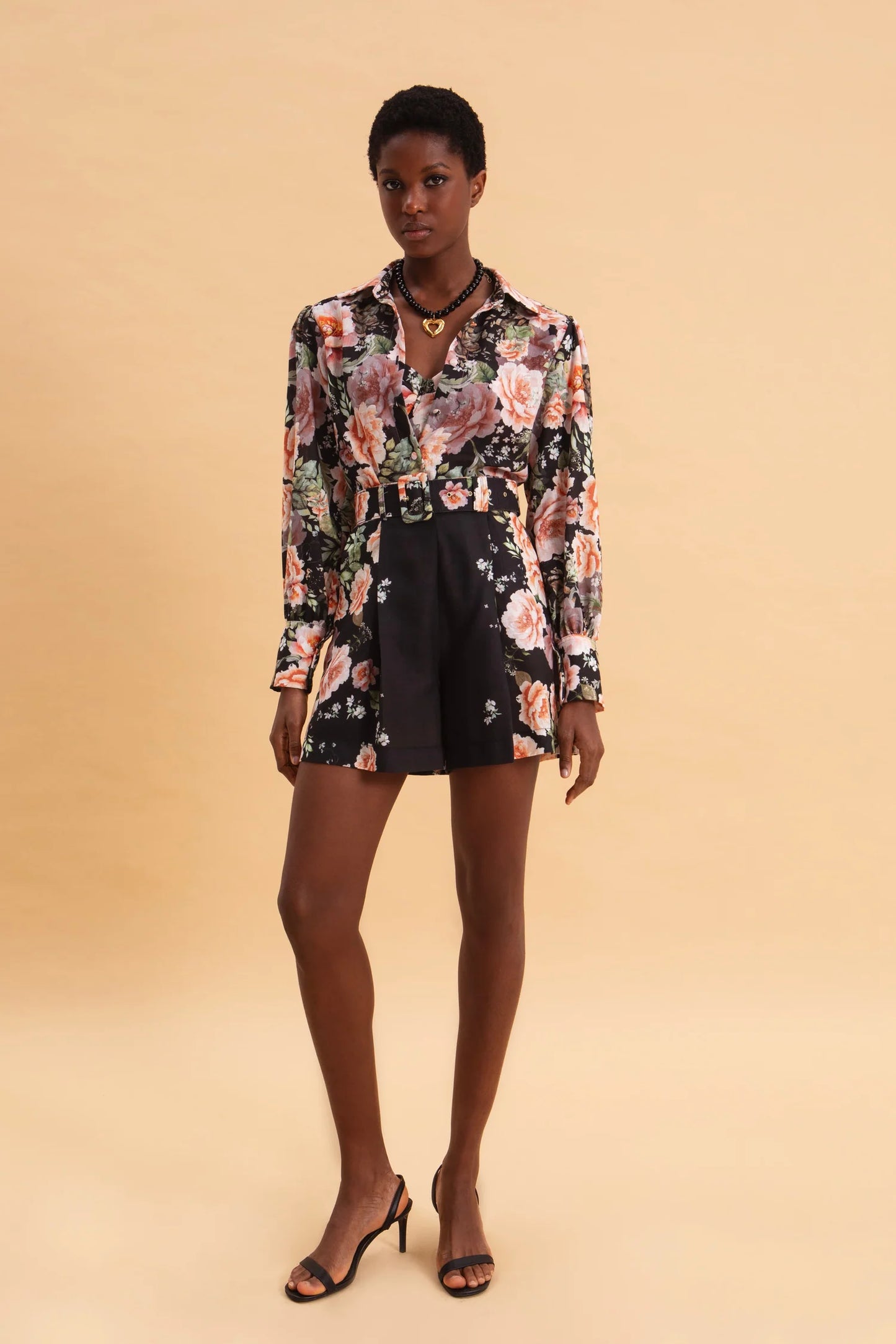 EVELEYA PEONIES LOVE HIGH WAISTED LINEN SHORTS WITH BELT