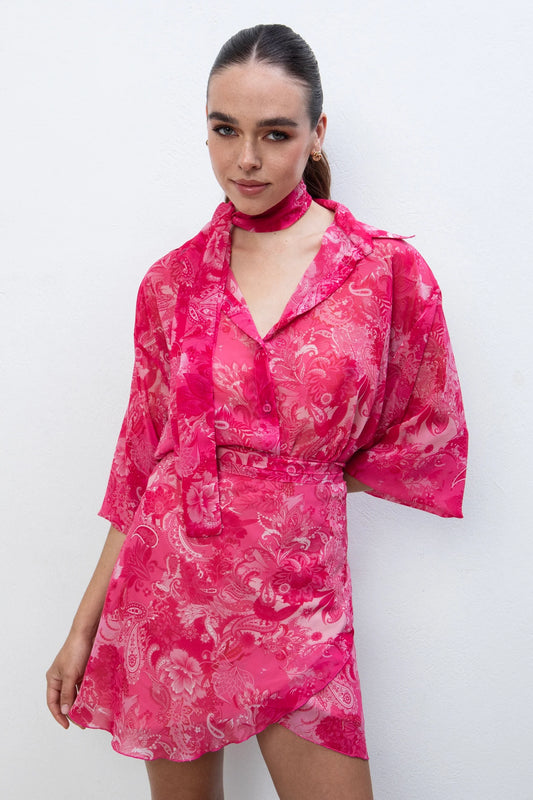 EVELEYA FUCHSIA PAISLEY MINI WRAP SKIRT