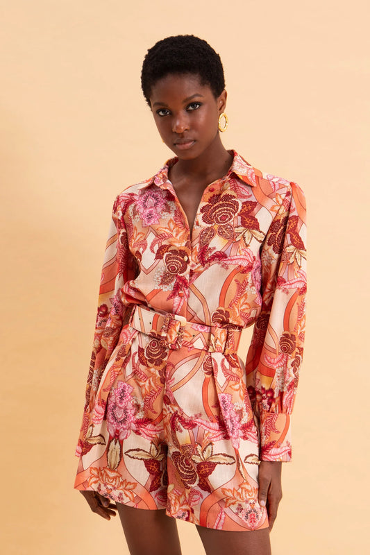 EVELEYA FLORAL SAFARI LINEN SHIRT