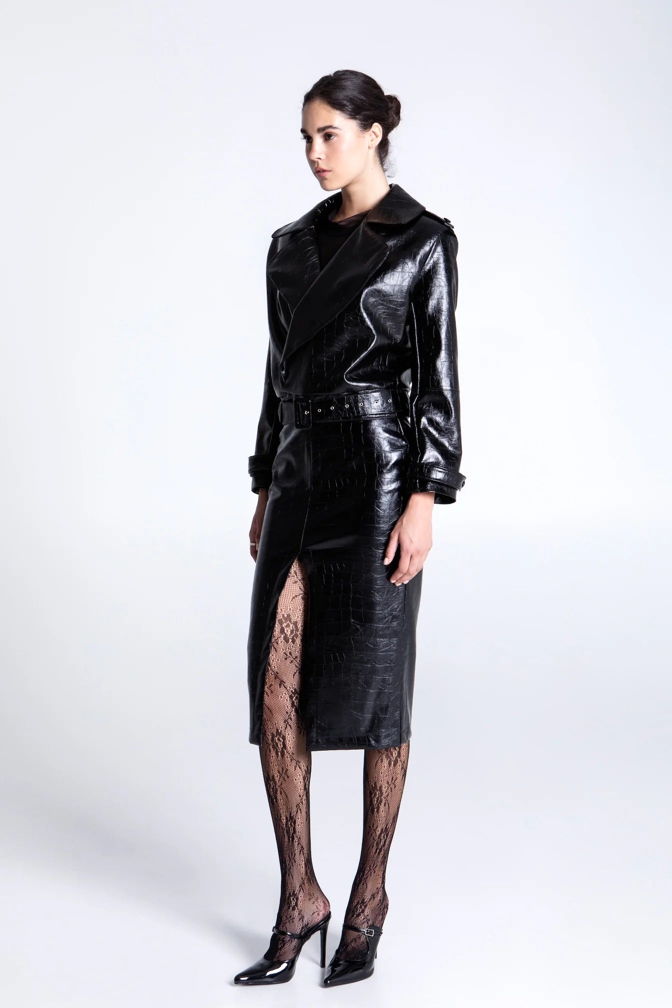 EVELEYA BLACK CROCO MIDI SKIRT