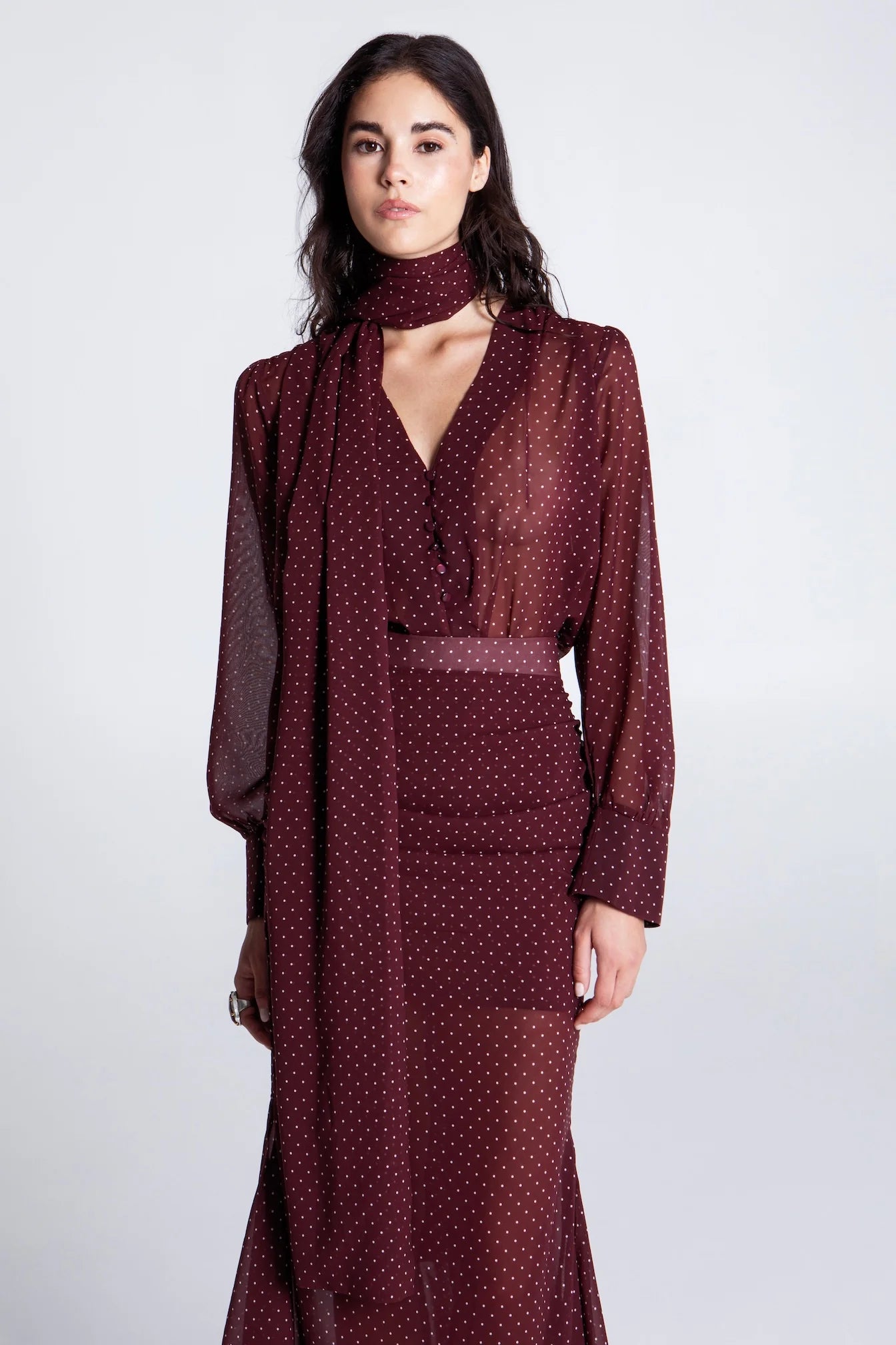 EVELEYA BURGUNDY POLKA DOTS MAXI SKIRT